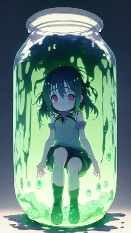 moody anime girl, scared face trapped in a jar with slime, feet point view,