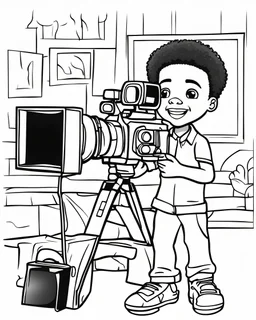 coloring page, depicting a black kid as a camera man, full body, outline, black and white, highly defined, white background, empty background, cartoon style, coloring book style