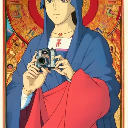 patron of photographers. holding a camera in hands. orthodox icon with saint photographer. Cyrillic inscriptions. hyperdetailed, Alphonse Mucha, Zdzisław Beksiński, poster, illustration, ink, oil on canvas, 18th century atlas