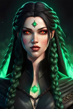 Hexblood warlock female character. Lightly tanned skin. Long straight jet-black hair to the waist. Half-up hairstyle with two loose Dutch braids on each side. Bright glowing pale emerald-red eyes. Delicate face. High cheekbones. Full lips. Soft smile. Slightly pointed ears. Faint dark vine-like markings on neck and collarbone. Black cloak. Realistic dark fantasy. Highly detailed. Cinematic lighting.
