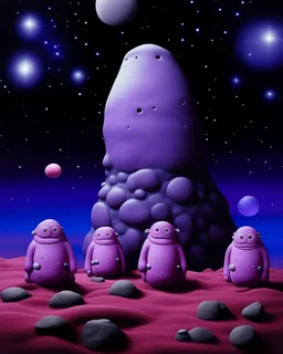 A light purple outer space with planets and stars designed in moai statues painted by Frank Wilson
