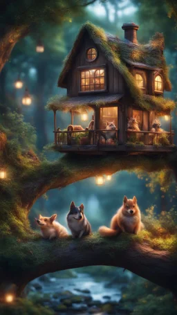 magazine cover with black border, adjust hue for evening, portrait of sleepy dog bug squirrel couple in a tree house in wonderful enchanted magical forest by river,bokeh like f/0.8, tilt-shift lens 8k, high detail, smooth render, down-light, unreal engine, prize winning