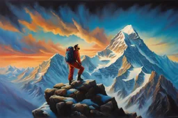 A perfect man having a beautiful dream standing on the top of Mount Everest painted by Julie Bell. concept art, mid shot, intricately detailed, color depth, dramatic, 2/3 face angle, side light, colorful background