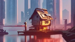 small Wooden Cabin, In cyberpunk city-skyline,