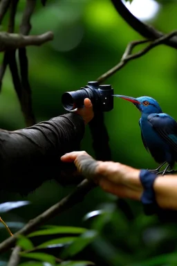 buatkan sebuah gambar seorang fotografer yang sedang memotret seekor burung yang sangat langka sedang hinggap di dahan pohon