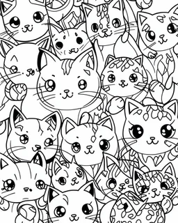 create a 2d black outline, "kawaii anime cats", coloring page, low details design, black contour, coloring page design, coloring page for adults,kawaii cute background, black contour and white space beetween contour, same contour,sketch style, style, minimalist, simple