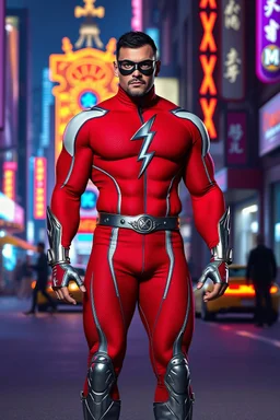 A muscular, athletically built man with extra-short, crew cut, black hair, blue eyes, short, trimmed goatee, standing stoically on the street in the neon lit, futuristic City of Xanadu prime, wearing a long-sleeved, highly textured, red-white-and blue body suit with gray piping that forms to his muscular frame, a silver lightning belt, silver wrist gauntlets, silver, knee-high boots, the symbol of Xanadu on his chest, and a thin black leather bandit eye mask