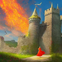 Epic Castle into sky, with flowers of fire. Green clouds and birds. Shy girl going out of the main gate. Detailed painting, sharp color, medieval, intricate detail, far sceen, realistic colors, medieval concept art. spring.