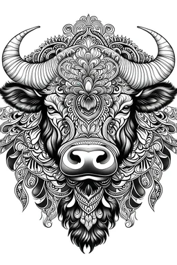 mandala Buffalo : black and white with white background.