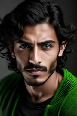 young hot strong arabic man with black wavy hair and green eyes