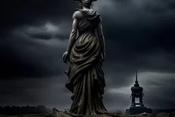 the statue of liberty, dress dirty and torn, her face solemn and terse, trash littered at her feet, she holds a crumpled american flag, she walks away, back to the viewer, under a dark and dreary sky