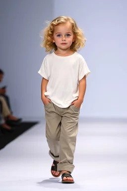 2 years old beautiful baby blue eyes girl fashion model in loose pants and loose top with blonde curvy wavy hair ,cat walks in runway,catwalk and pose at end with cute