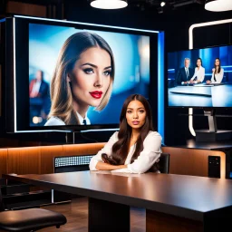 amodern tv studio a beautiful girl perfect face sitting next to desk in talk show looking at camera, with picture of an old man in tv screen at background