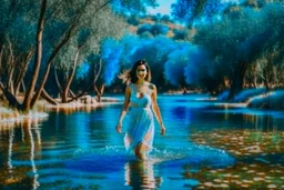 beautiful girl in pretty dress walking in water toward camera in trees next to wavy river with clear water and nice sands in floor.camera capture from her full body front