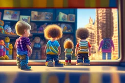 a little boy with curly blond hair is standing with his back to us, looking at toys (stuffed animals, building blocks, trains, legos, rocking horses) in a toy shop window Nikon D850 digital painting fantasy 4k very attractive fantastic view ultra detailed 4K 3D cinematic postprocessing in sunshine