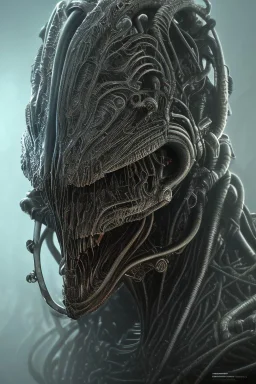 evil predator with crown, alien, brutal face, tron, head, burn eyes, 8k, finely detailed, dark light, photo realistic, hr giger, cyberpunk