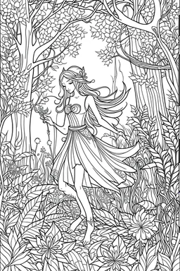 outline art for coloring book of magical fairy in the forest, white background, full body, only use outline, mandala style, clean line art, no shadows and clear and well outlined