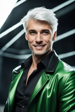 plauge doctor in balck leather coat and suit with silver hair, pale skin and bright green eyes smiling with sharp teeth, nice young face, male, viscious smile