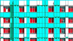 arquitectura de De Stijl en 3D habitable. fachada de ladrillo turquesa con 30 ventanas irregulares. patron de puertas rojas y paneles blancos alternados -- 8k