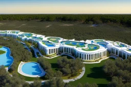 Sunset algarve in quinta do lago, one straight building 250 meters long with pool on rooftop, with a separate clubhouse building facility with green roofs, overlooking the campus sport facility and inserted in the Ria Formosa Natural park, on a slope with pinus pinea, a wrap around low speed veicular road