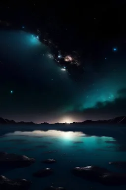 only sky, color is dark black , where you can see , space, ethereal space, cosmos, water, and panorama. Background: An otherworldly planet, bathed in the cold glow of distant stars. gloomy landscape with dramatic HD highlights detailled