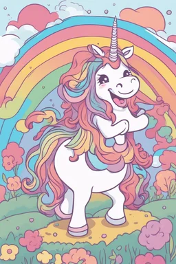 kids illustration, a cute unicorn playing and rainbow in background, cartoon style, thick line, low details, vivid color