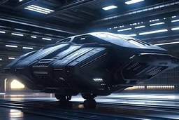 Futuristic hovering racing vehicle docked in futuristic maintenance bay, sharp, aerodynamic, connected to cables, very high detail, mechanical details, science fiction, cinematic