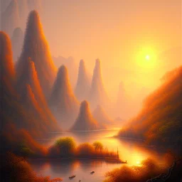 uma paisagem chinesa com rios e arvores, por do sol ao fundo, desenho a lapis, tons pastel, luz suave