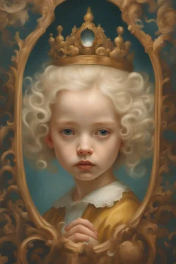 a little girl looking through a magnifying glass, james jean aesthetic, baroque hair, inspired by Gottfried Helnwein, inquisitive. detailed expression, resembling a crown, white - blond hair, portrait of lolita, james jean and fenghua zhong, female investigator, realistic renaissance portrait