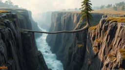 In a fantasy world, a deep gorge with vertical stone sides has a tumultuous river flowing at the bottom. At the top, a very tall straight tree has been felled and lies across the gorge, forming a simple bridge. The scenery is awe-inspiring. Colour photograph