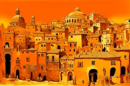 An orange colored town with a coliseum designed in cave paintings painted by Édouard Manet