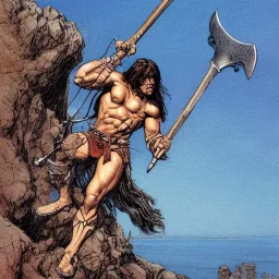 high-angle shot of a [Conan the Barbarian] holing an ((axe)) and standing on a cliff by the sea where monsters fightby Barry Windsor-Smith, extremely detailed face, full-body