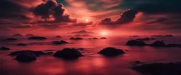 Blue-green clouds over the sea. Toned dark water and sky. Background with space for design. Silhouette of mountains on the horizon. Calm atmosphere. Moonlight. Fantasy, mystic