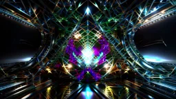 a 3d fractal stage structre made of metallic color 3d structures, pertty artistc background,dynamic lights