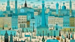 A cyan noisy city with instruments painted by Georges Seurat