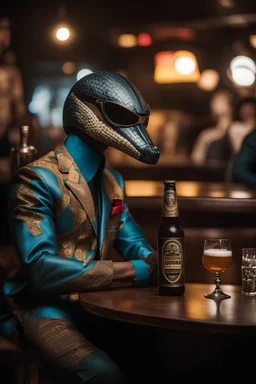 photo of a cobra dressed ankara outfit sitting at a table in a bar with a bar stools, bottle beer, award winning photography, Elke vogelsang, bosozoku outfit, award winner photo