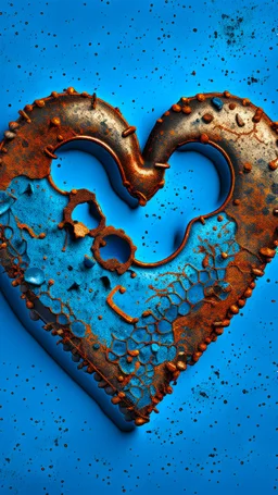 A rusty metallic heart yet in details with on blue background