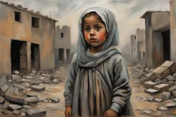 Grey sky, crying little palestinian girl wearing kuffeah , rocks, destroyed buildings , emotional influence, friedrich eckenfelder and willem maris impressionism paintings