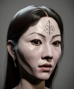 Simetric Realistic image portrait. Sweet woman face traditional japanese porcelain mask. Smooth. Dark ambient. Cold. God light. 4k resolution, intricate details, ornate details, soft lighting, unreal engine 5.