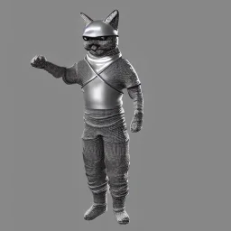 Chat, Modélisme trois dimensions, anthropomorphique, habillé comme un ninja, tenue très détaillée, argent, sombre,furieux, réalisme