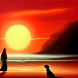 A painting of a woman and a dog walking on a beach at sunset with the red sun in the background, inspired by Chris Moore, inspired by Henry Macbeth-Rayburn, bloody sunset, looking out into the Red Ocean, acrylic and oil painting, with sunset, watching the sunset, 'a lonely dark figure'' !!, inspired by Dave Kendall, epic red - orange moonlight, acrylic painting on oiled canvas