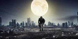 A high tech Soldier walking on the post apocalypse city, night , full moon , realistic , high resolution , HD , 1920pX1080p , dark