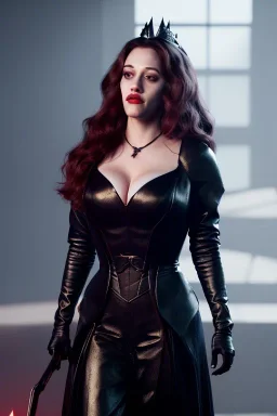 Kat Dennings as evil queen in black leather gown, cleavage, angry, stern look, unreal 5, octane render,cinema4d, dynamic lighting, dramatic lighting, 4k, redshift render, highly detailed, hyper realistic