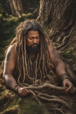 close up shot photographyclose up of fat massive rugged gypsy with closed eyes, dreadlocks, intricated tree roots on ground mix with long hair, side light, aerial view, photorealistic