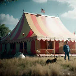 Ultra realistic circus scene. Stronger man, waist up view, Wes Anderson style, dark ambient, highly detailed, concept art, unreal engine 5, god rays, ray tracing, RTX, lumen lighting, ultra detail, volumetric lighting, 3d, finely drawn, high definition, high resolution.