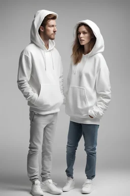 a man and a woman white hoodie into a studio in the same direction but their are not close to each other, hyper realistic, 14K, Canon 24mm, wide lens, shaper, more details, more defined, natural dimension