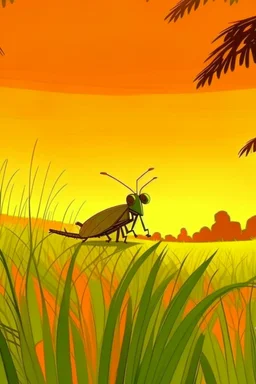 Grasshopper，Rice field，Trees，Warm color palette，Animation