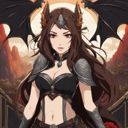 An arrogant looking young woman with pale skin and long brown hair in an outdoor fantasy setting with intricate details with a dragon flying in the far distance of the background. She is smirking, wearing black and read leather, has red eyes, an air of malevolent power surrounds her. Anime style. High definition.