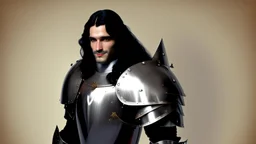 A dashing knight in steel plate armour, long black hair, pretty face, dignified, no beard, no moustache