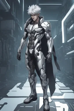 silver skinned anime man cyberpunk full body